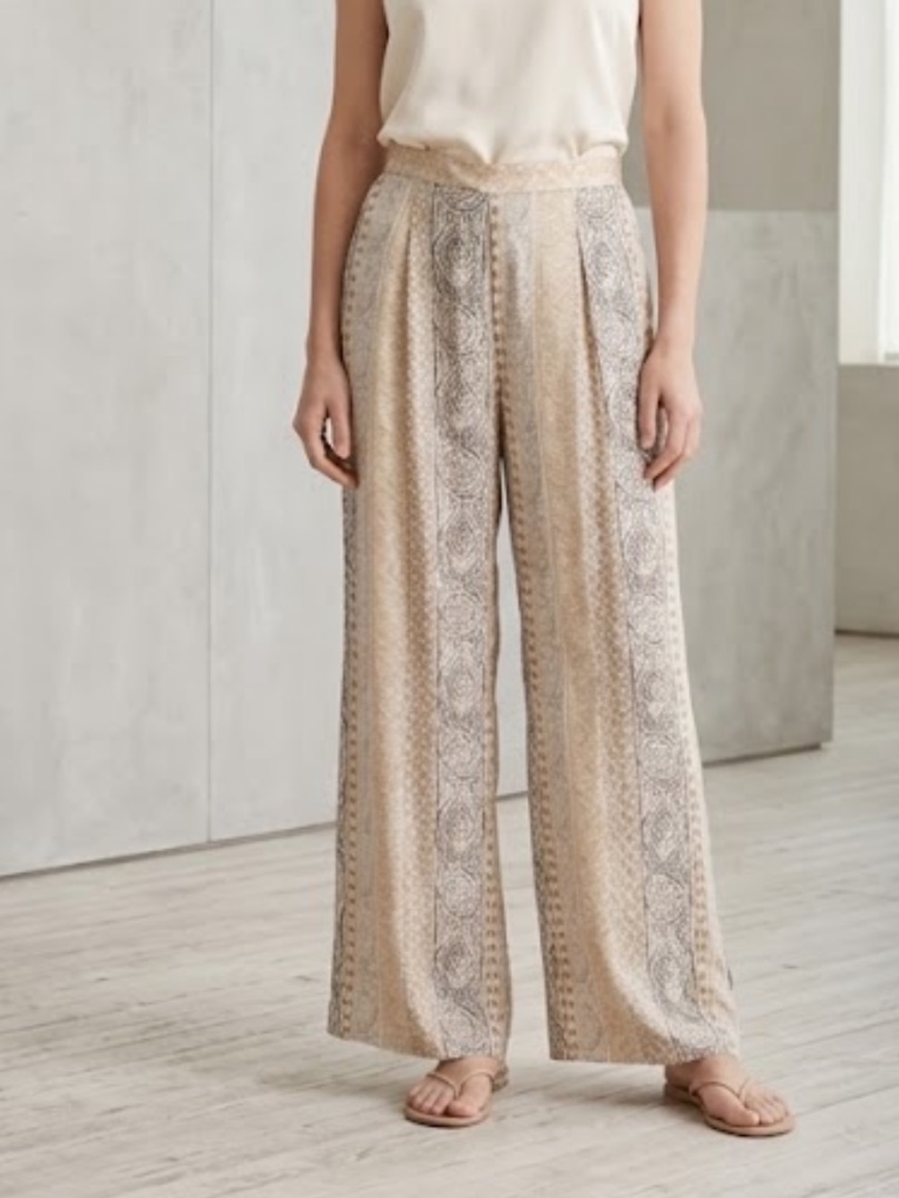 Carlisle Spirt Silk Beige and Gray Wide Leg Lined Silk Pants size 10